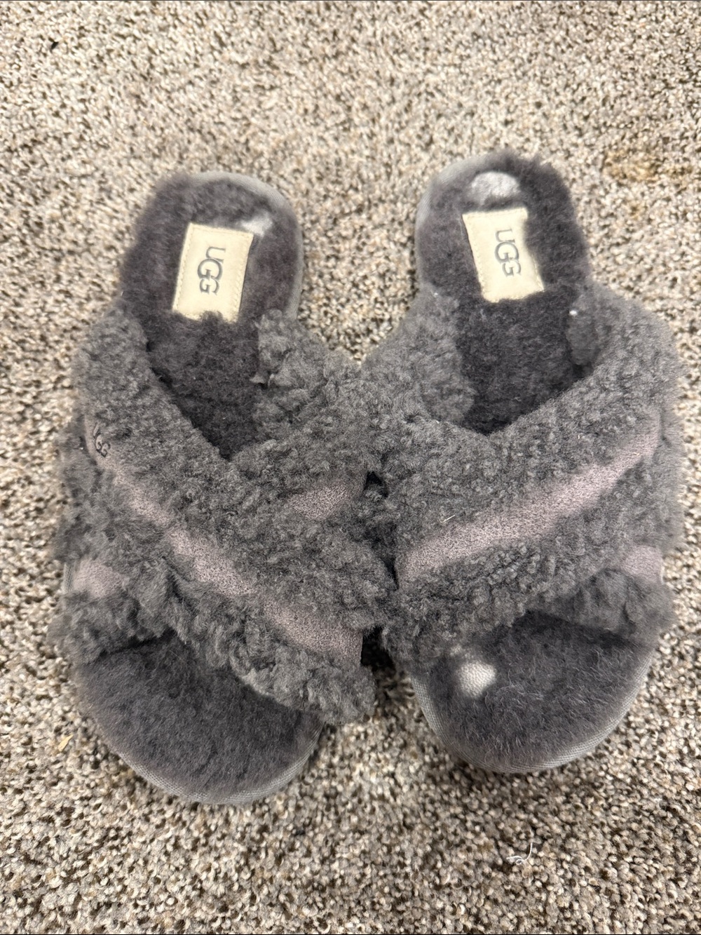 UGG Gray Shearling Cross-Strap Slide Slippers